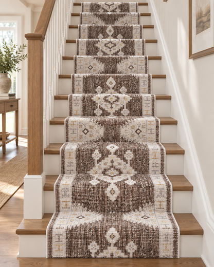 A set of patterned stair runner rugs in brown, beige, and cream tones, shown installed on a wooden staircase in a bright, modern home interior.