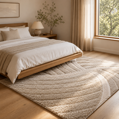 Ucci beige geometric shag rug beside a wood platform bed in a sunlit bedroom