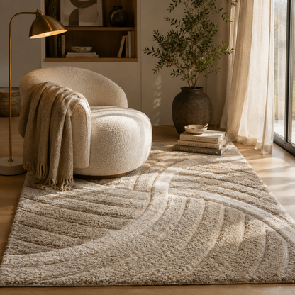 Ucci beige high-low shag rug in a cozy reading corner with a boucle chair