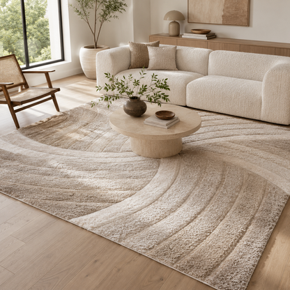 Ucci beige geometric shag rug in a bright living room with a cream sofa and wood coffee table
