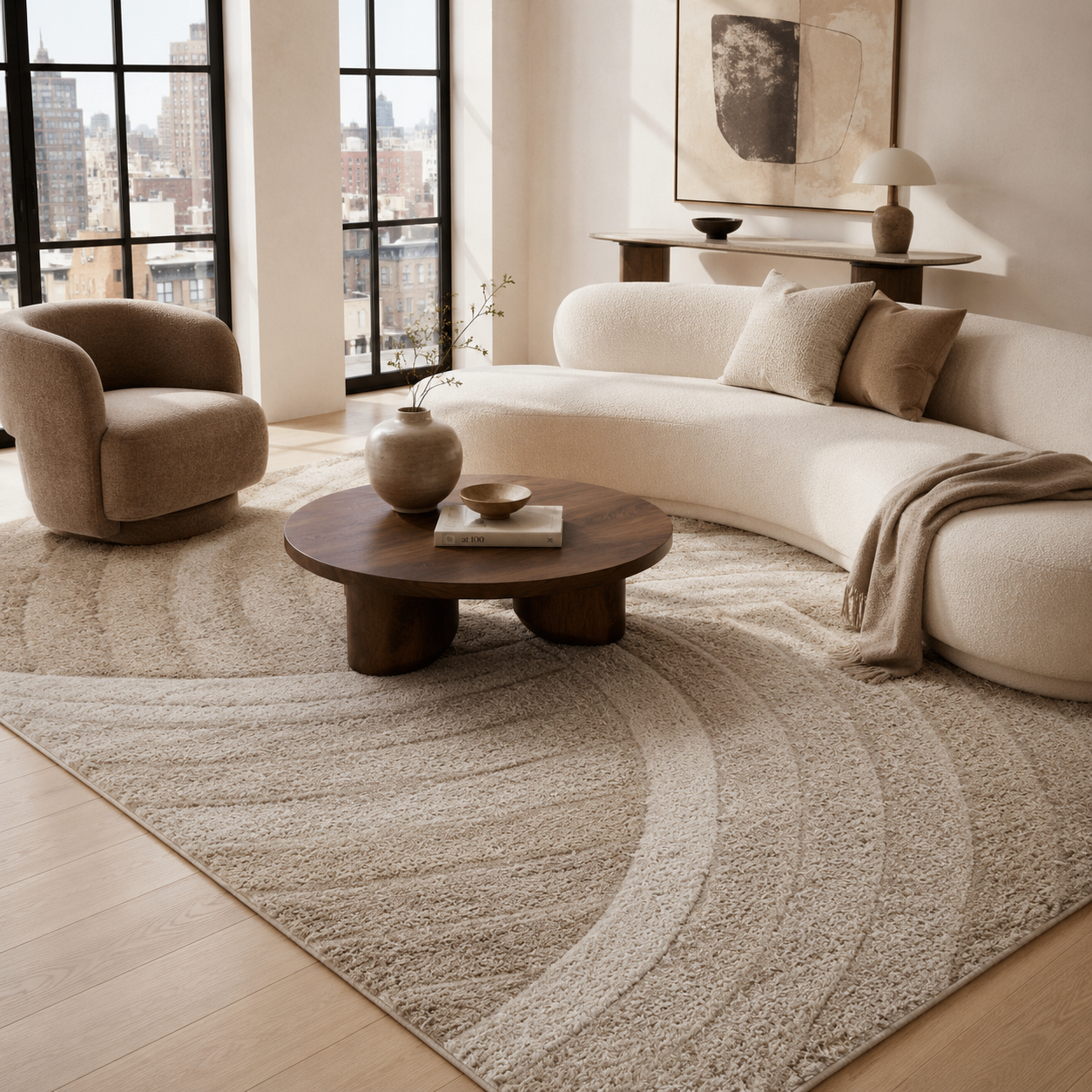 Ucci beige geometric shag rug in a modern living room with a cream sectional