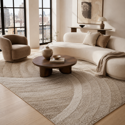 Ucci beige geometric shag rug in a modern living room with a cream sectional