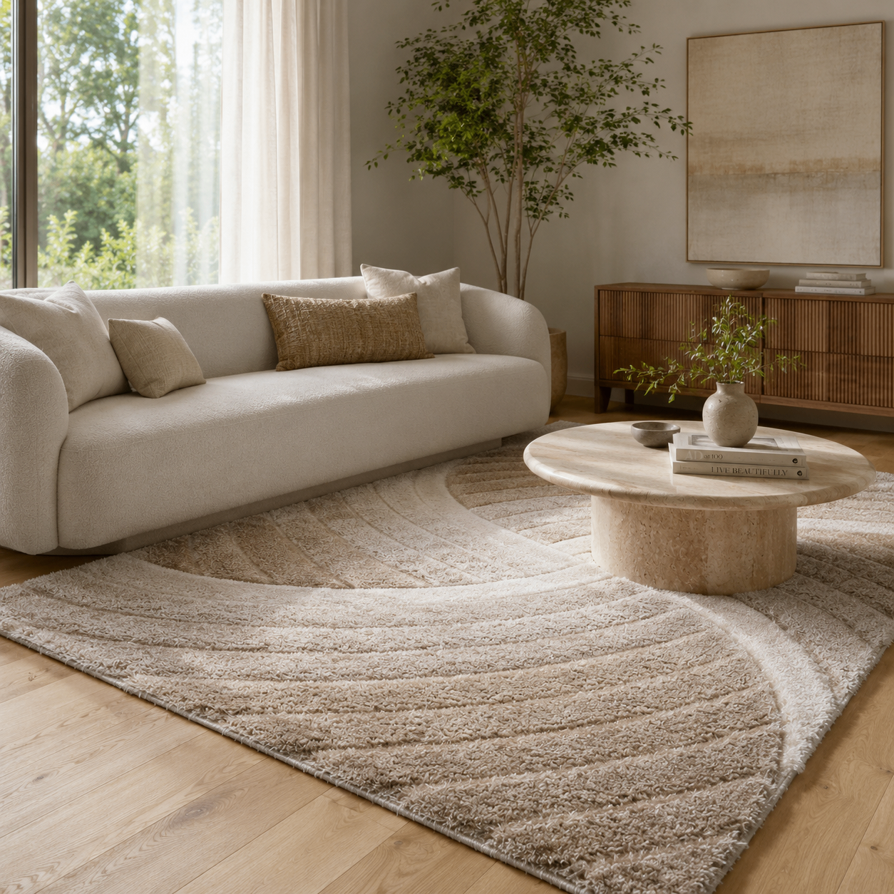 Ucci beige geometric shag rug in a soft neutral living room with a white sofa