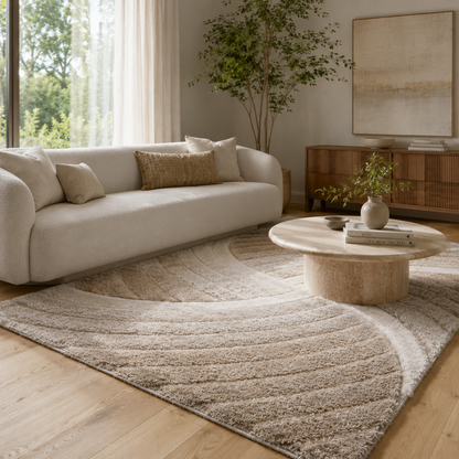 Ucci beige geometric shag rug in a soft neutral living room with a white sofa