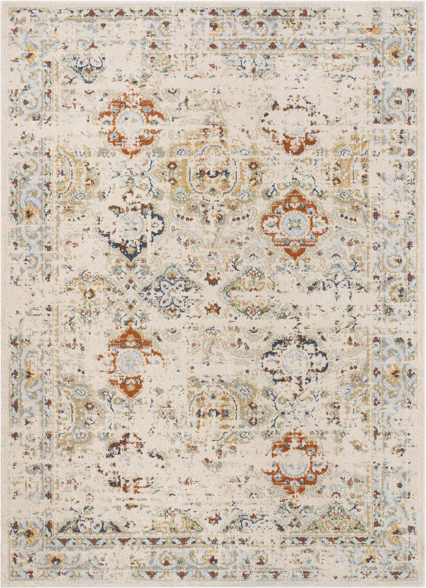 Kian Cream Vintage Panel Distressed Rug Well Woven