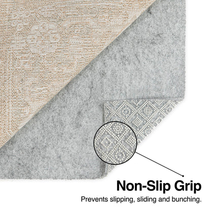 PAD-1 - Well Woven Premium Felt Non-Slip Rug Pad - Infographic of a corner of a felt rug pad with its corner flipped up. The surface with non-slip grip is highlighted in a bubble and called out in text reading "Non-Slip Grip: Prevents slipping, sliding and bunching".