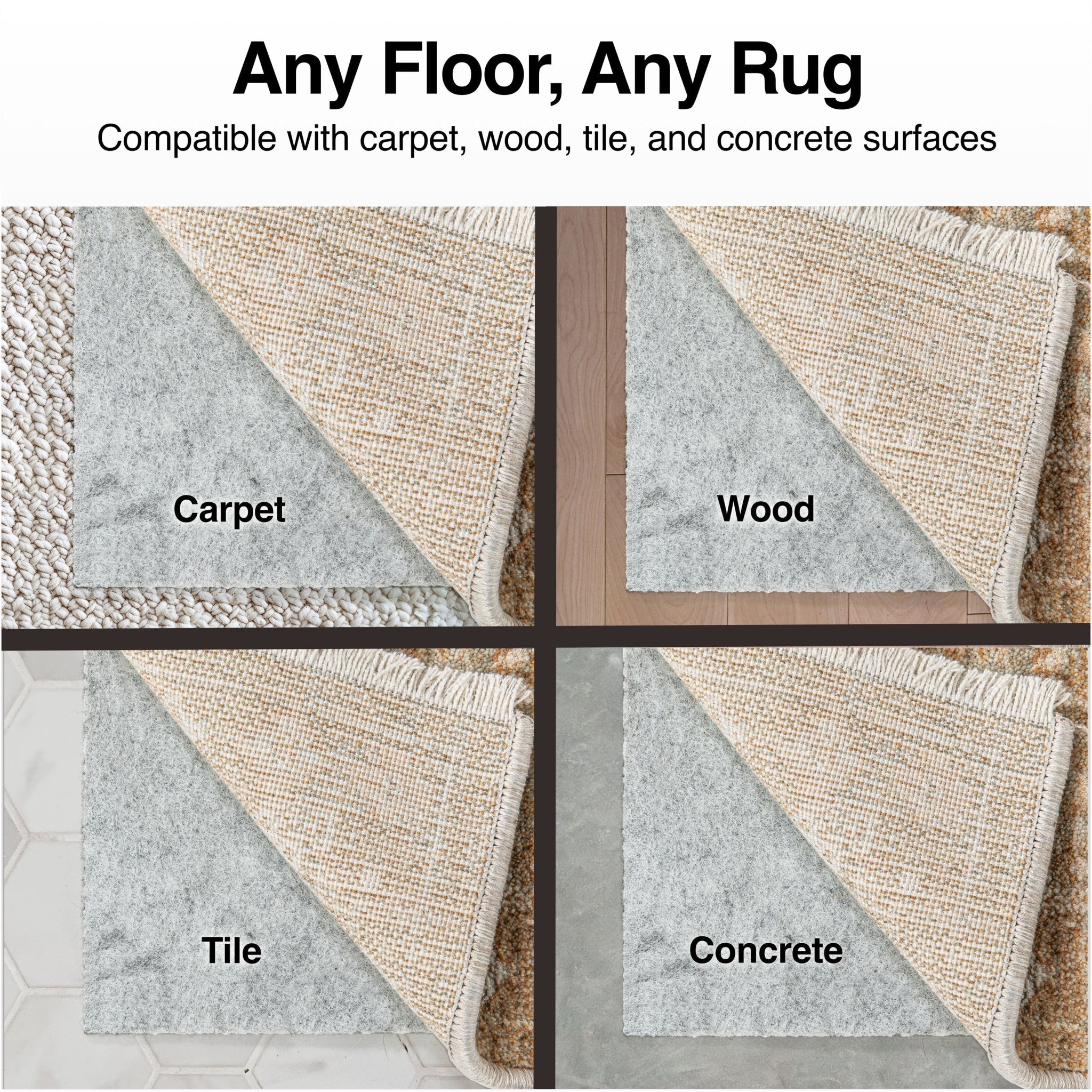 PAD-1 - Well Woven Premium Felt Non-Slip Rug Pad - Quad graphic of a grey felt rug pad on different flooring types with text 'Any Floor, Any Rug' and compatibility details. Floor types include carpet, wood, tile and concrete.