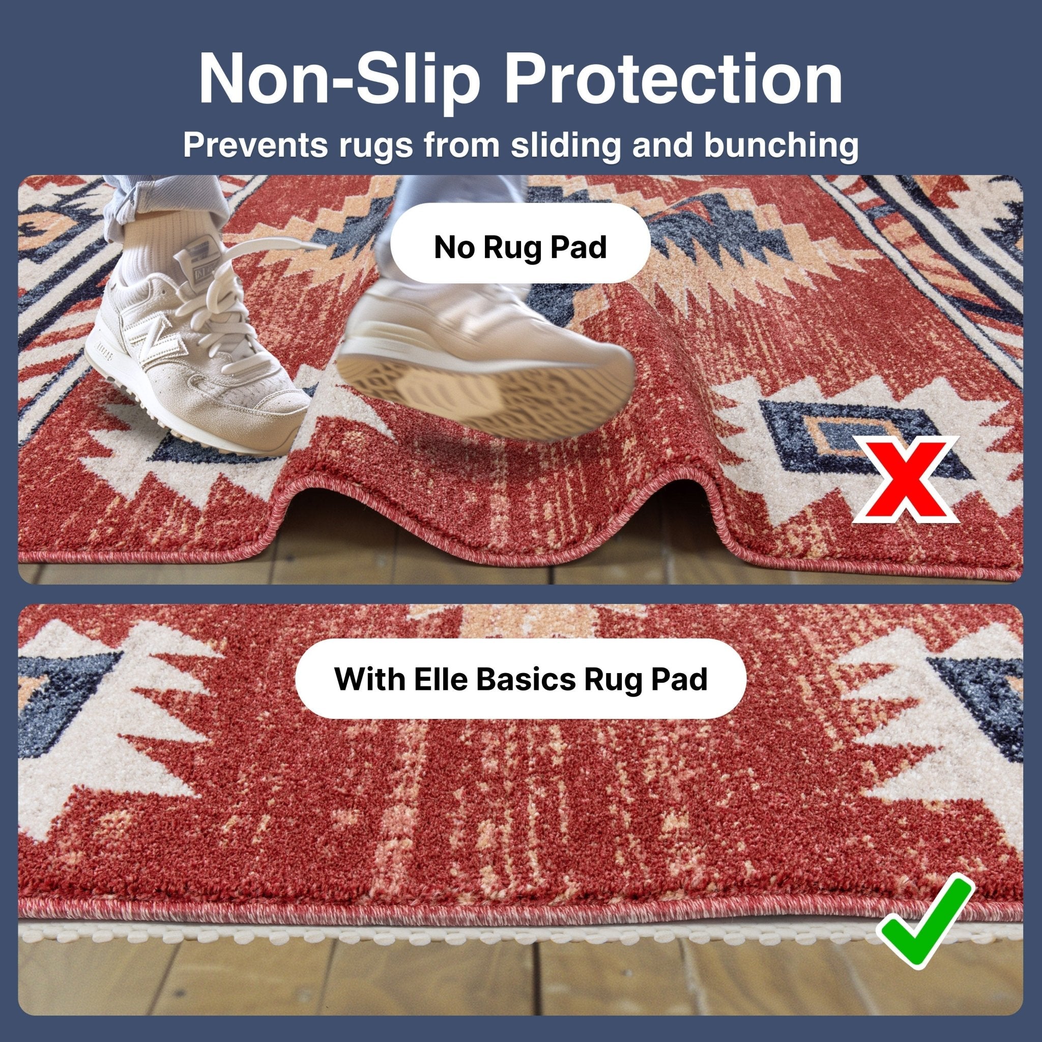Elle Basics PVC Non-Slip Rug Pad  - Comparison of rug with and without Elle Basics Non-Slip Rug Pad showing non-slip protection.
