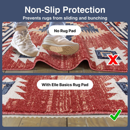 Elle Basics PVC Non-Slip Rug Pad  - Comparison of rug with and without Elle Basics Non-Slip Rug Pad showing non-slip protection.