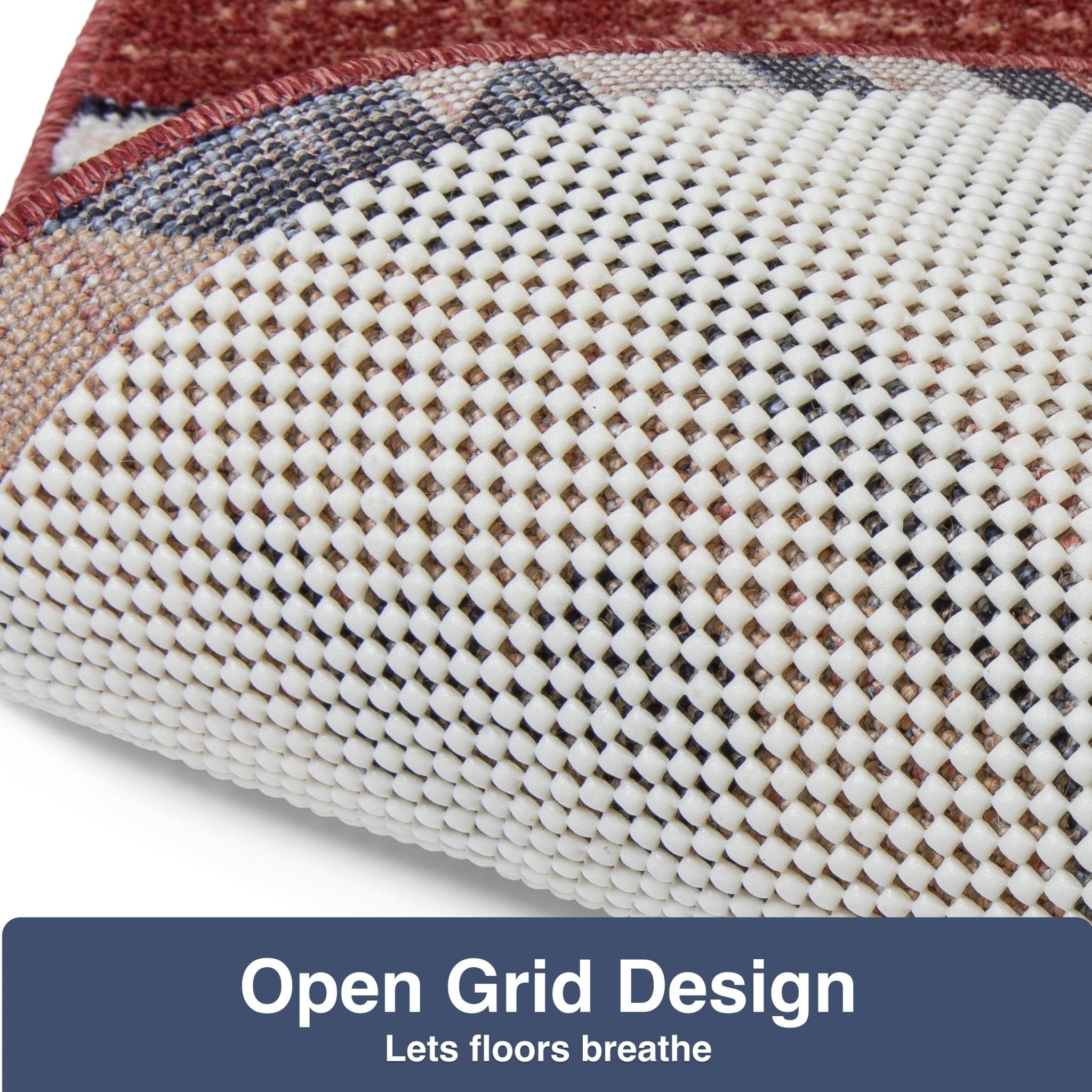 Elle Basics PVC Non-Slip Rug Pad - Close-up of a textured rug pad with an open grid design, showing its non-slip grip and room of air flow to reach the rug above.
