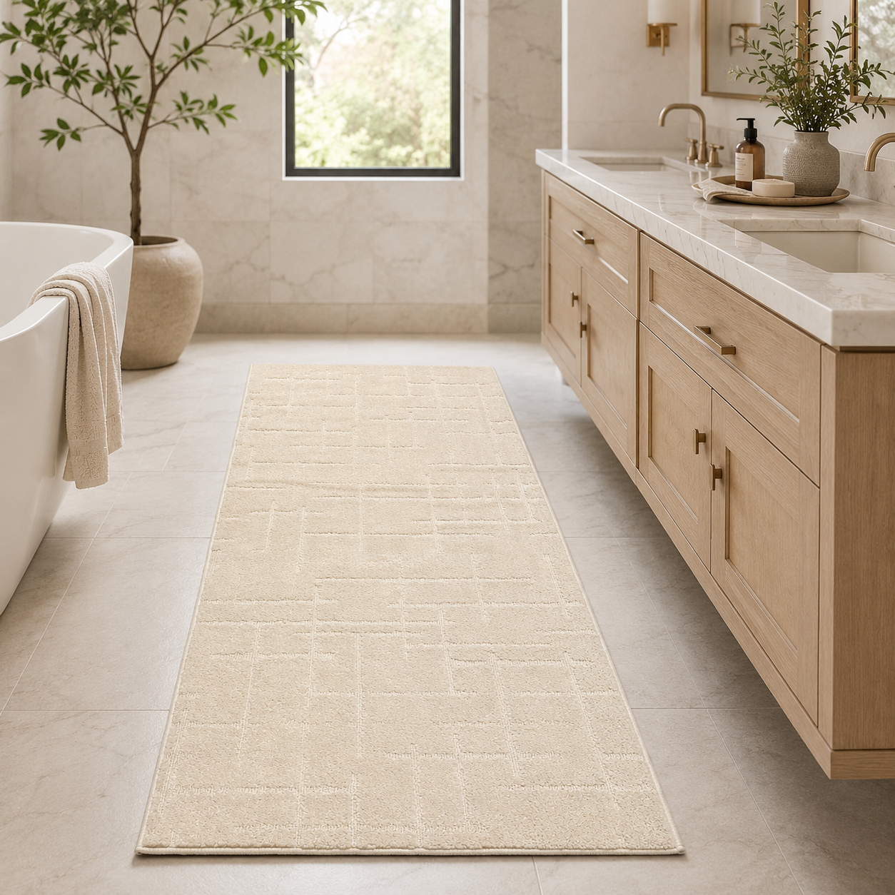 Serenity Soft Linen Ivory runner rug styled on a bathroom floor
