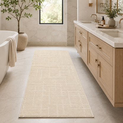 Serenity Soft Linen Ivory runner rug styled on a bathroom floor