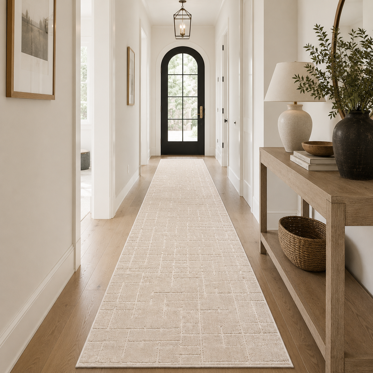Serenity Soft Linen Ivory runner rug styled in a hallway