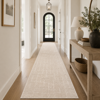 Serenity Soft Linen Ivory runner rug styled in a hallway