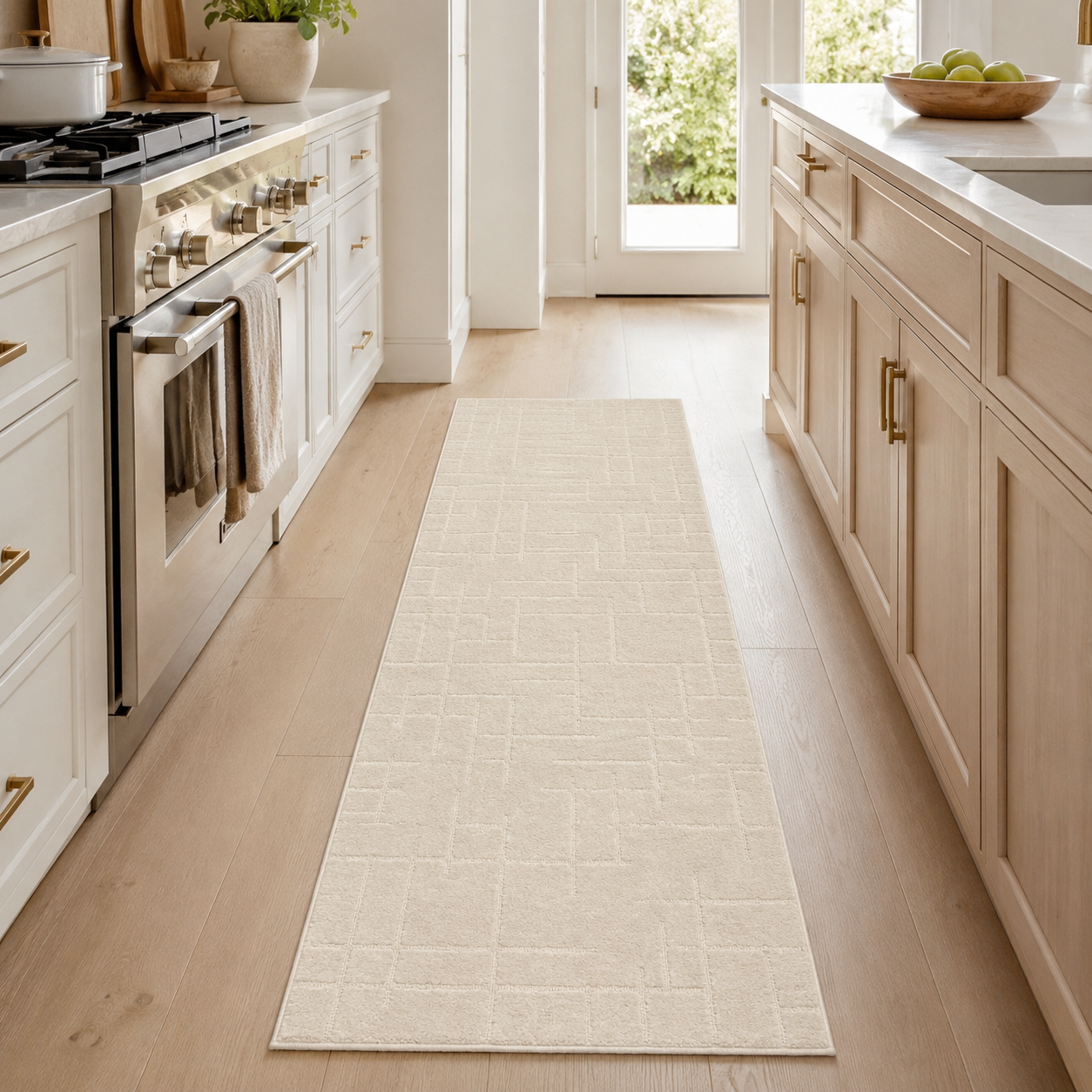 Serenity Soft Linen Ivory runner rug styled in a kitchen