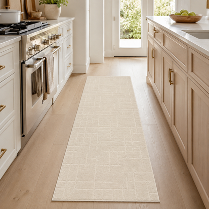 Serenity Soft Linen Ivory runner rug styled in a kitchen