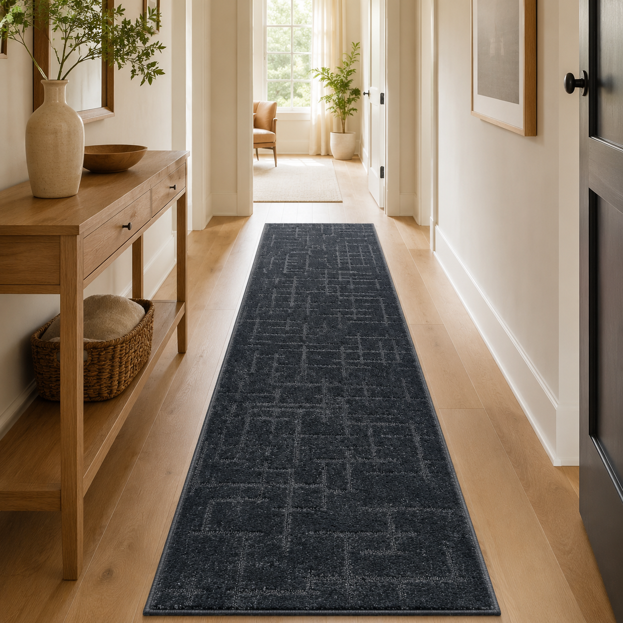Serenity Soft Linen Midnight runner rug styled in a hallway
