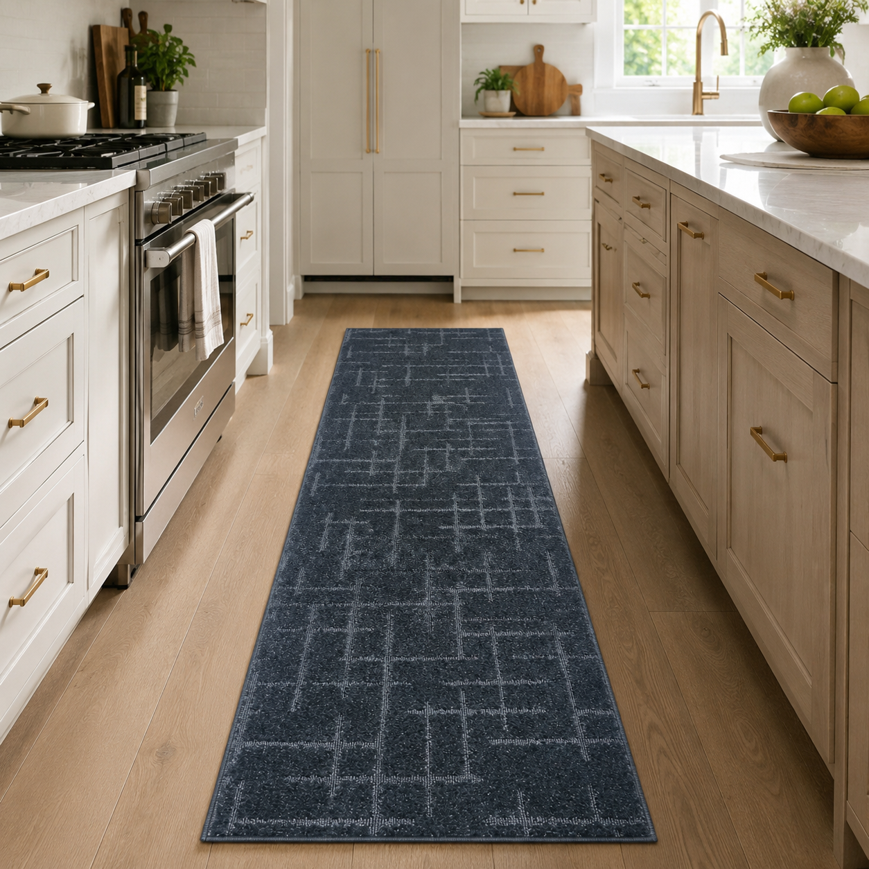 Serenity Soft Linen Midnight runner rug styled in a kitchen