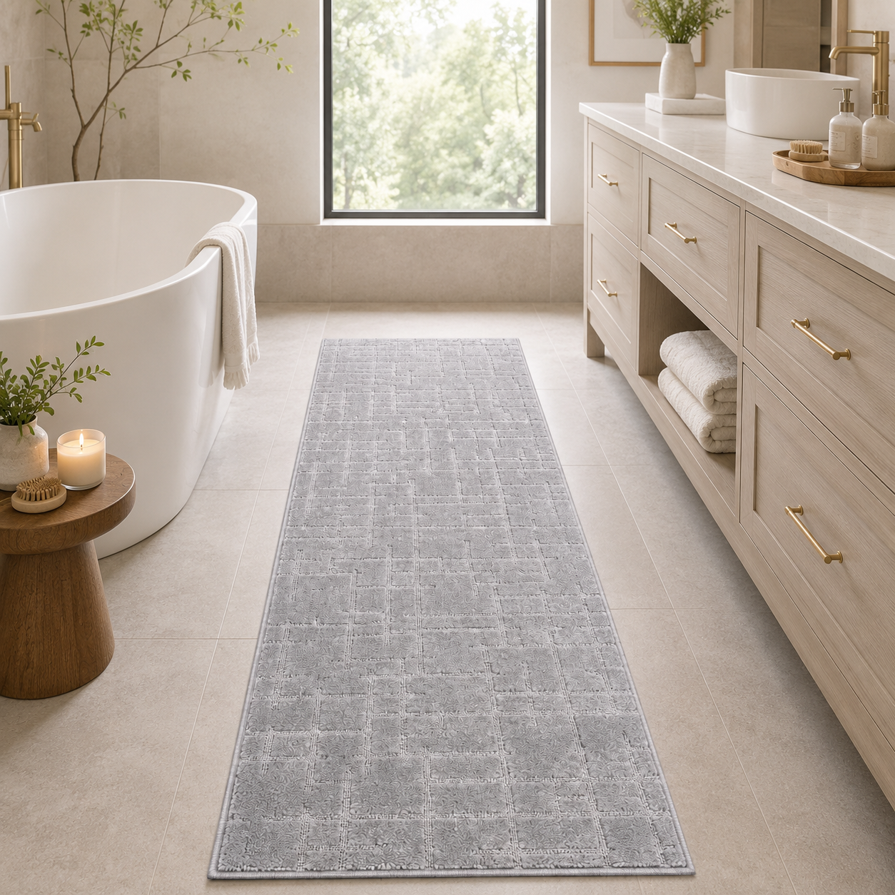 Serenity Soft Linen Silver runner rug styled on a bathroom floor