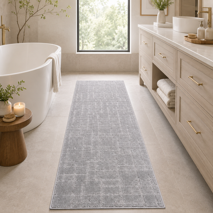 Serenity Soft Linen Silver runner rug styled on a bathroom floor