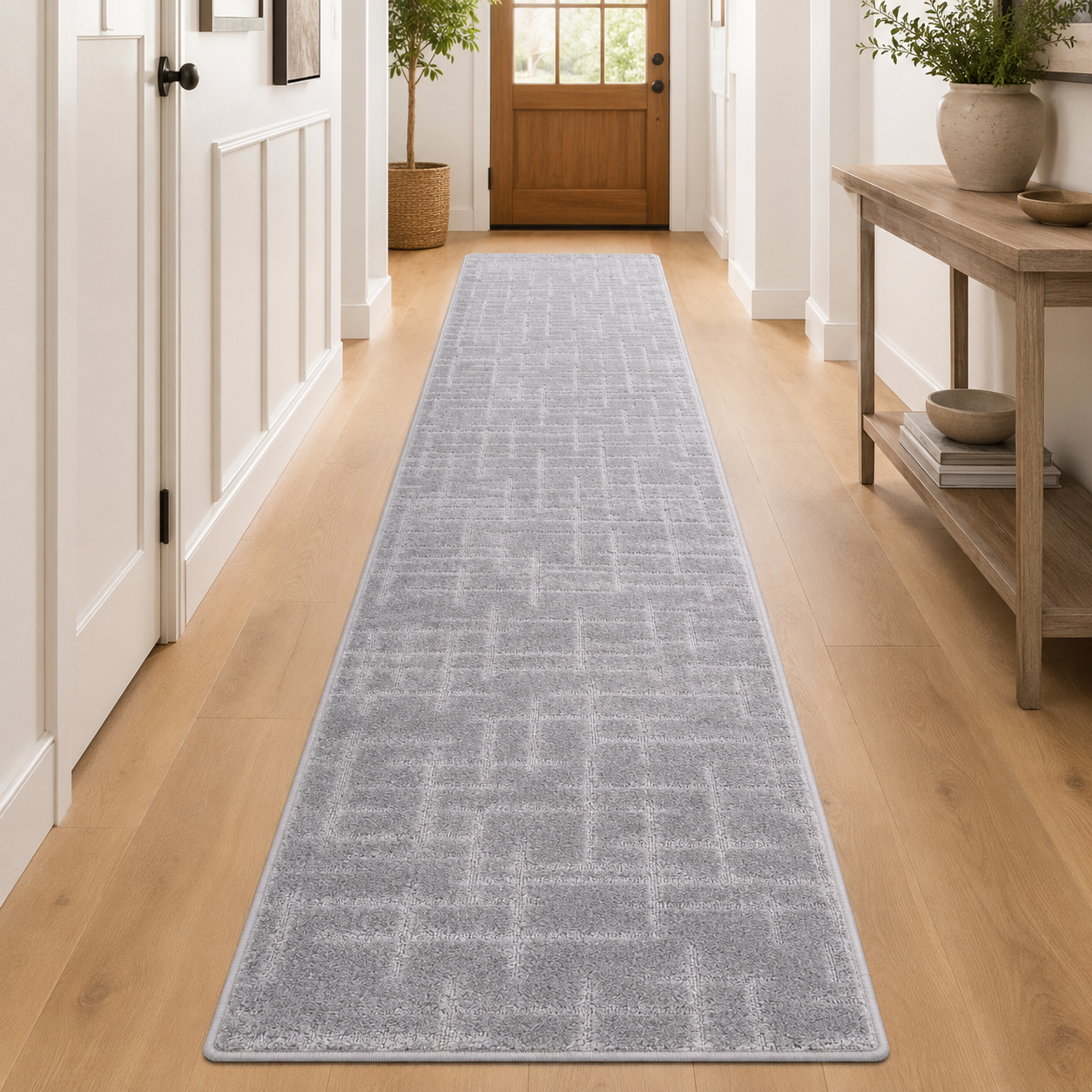 Serenity Soft Linen Silver runner rug styled in a hallway