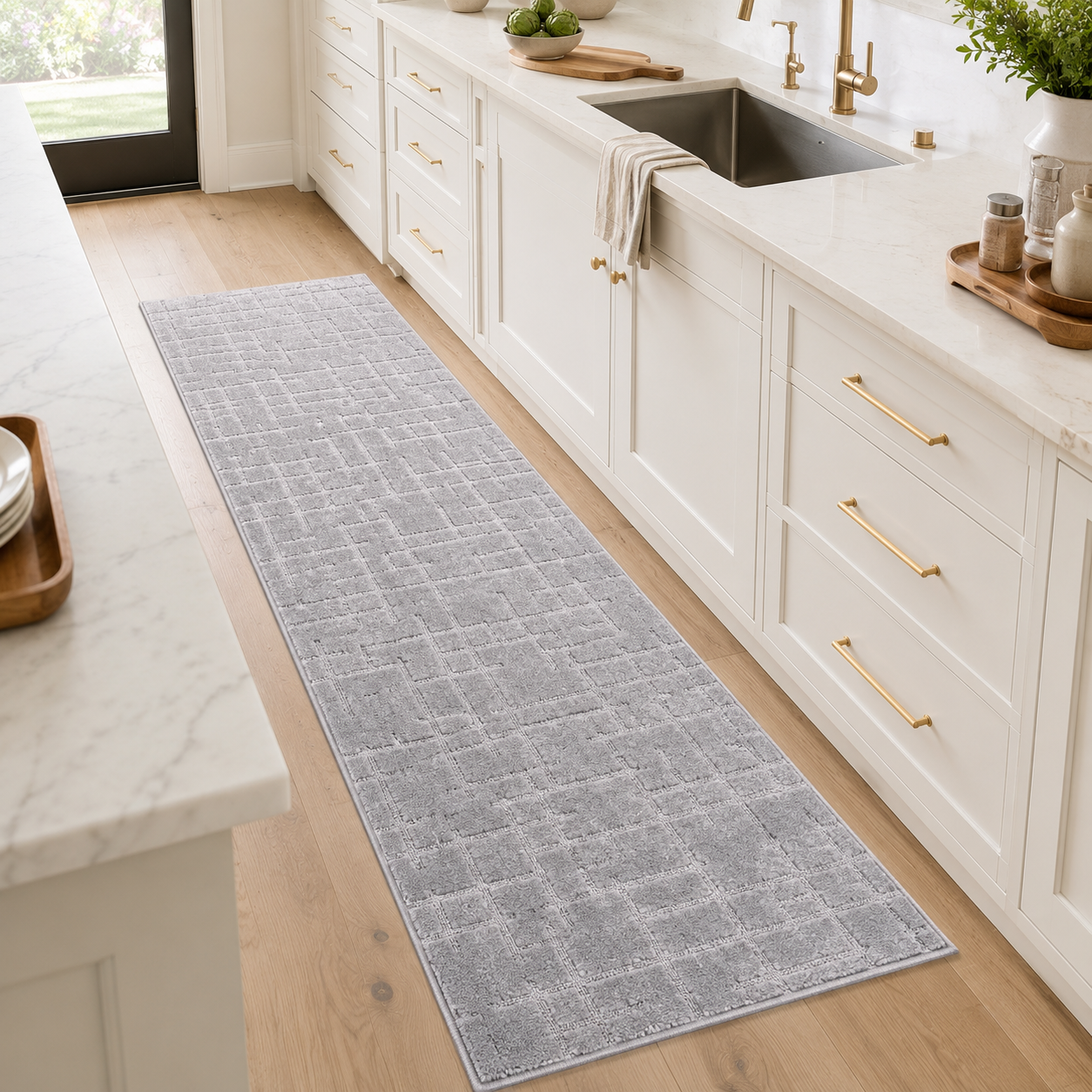 Serenity Soft Linen Silver runner rug styled in a kitchen
