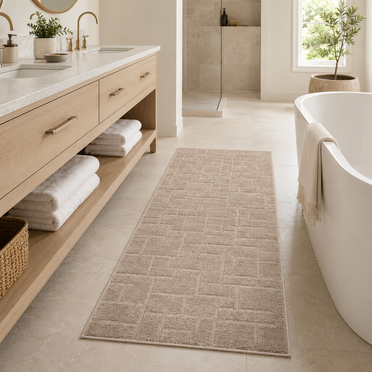 Serenity Soft Linen Truffle runner rug styled beside a bathroom vanity