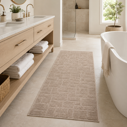 Serenity Soft Linen Truffle runner rug styled beside a bathroom vanity