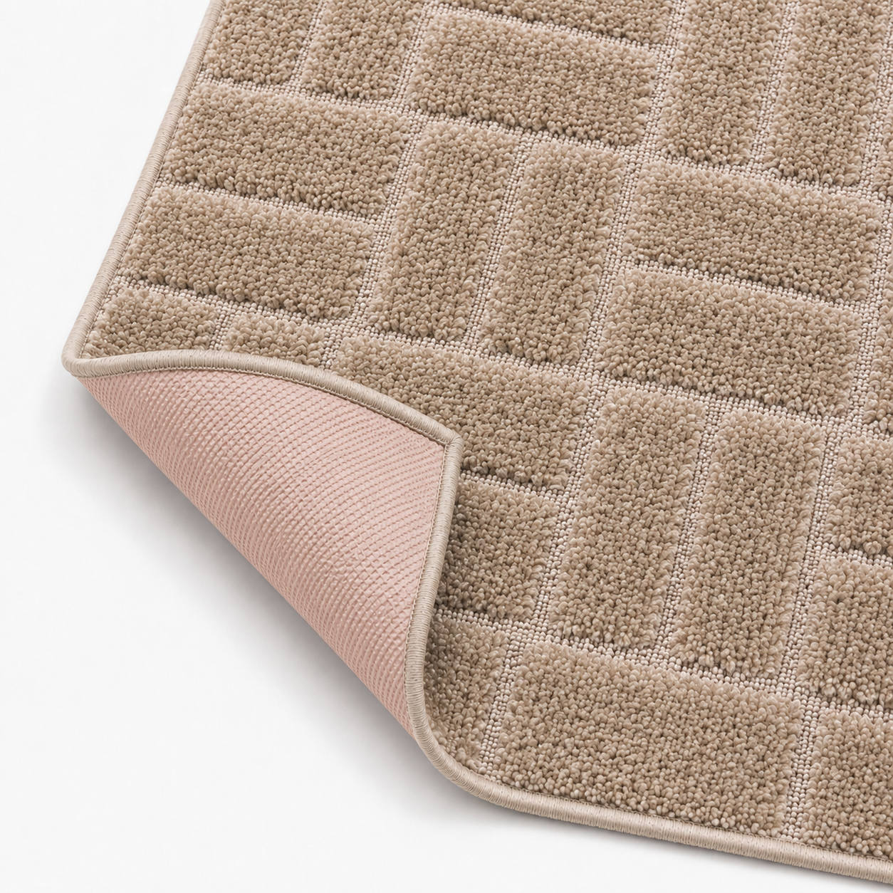 Serenity Soft Linen Truffle runner rug flipped corner showing the rubber backing