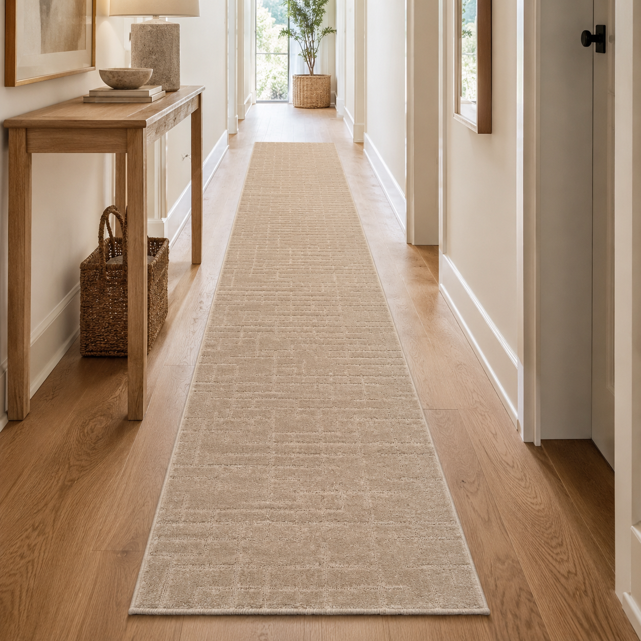 Serenity Soft Linen Truffle runner rug styled in a hallway