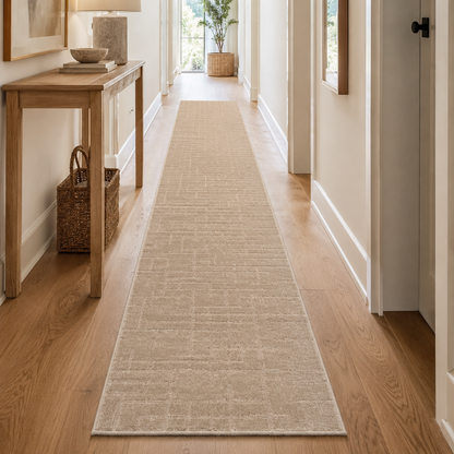 Serenity Soft Linen Truffle runner rug styled in a hallway