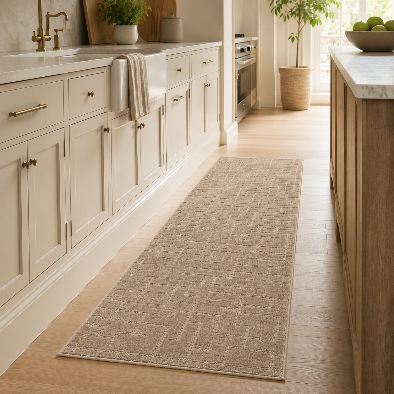Serenity Soft Linen Truffle runner rug styled in a kitchen