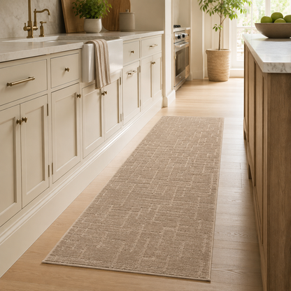 Serenity Soft Linen Truffle runner rug styled in a kitchen