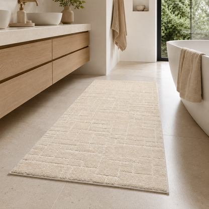Serenity Soft Parquet Ivory rubber-backed runner rug in an everyday room setting