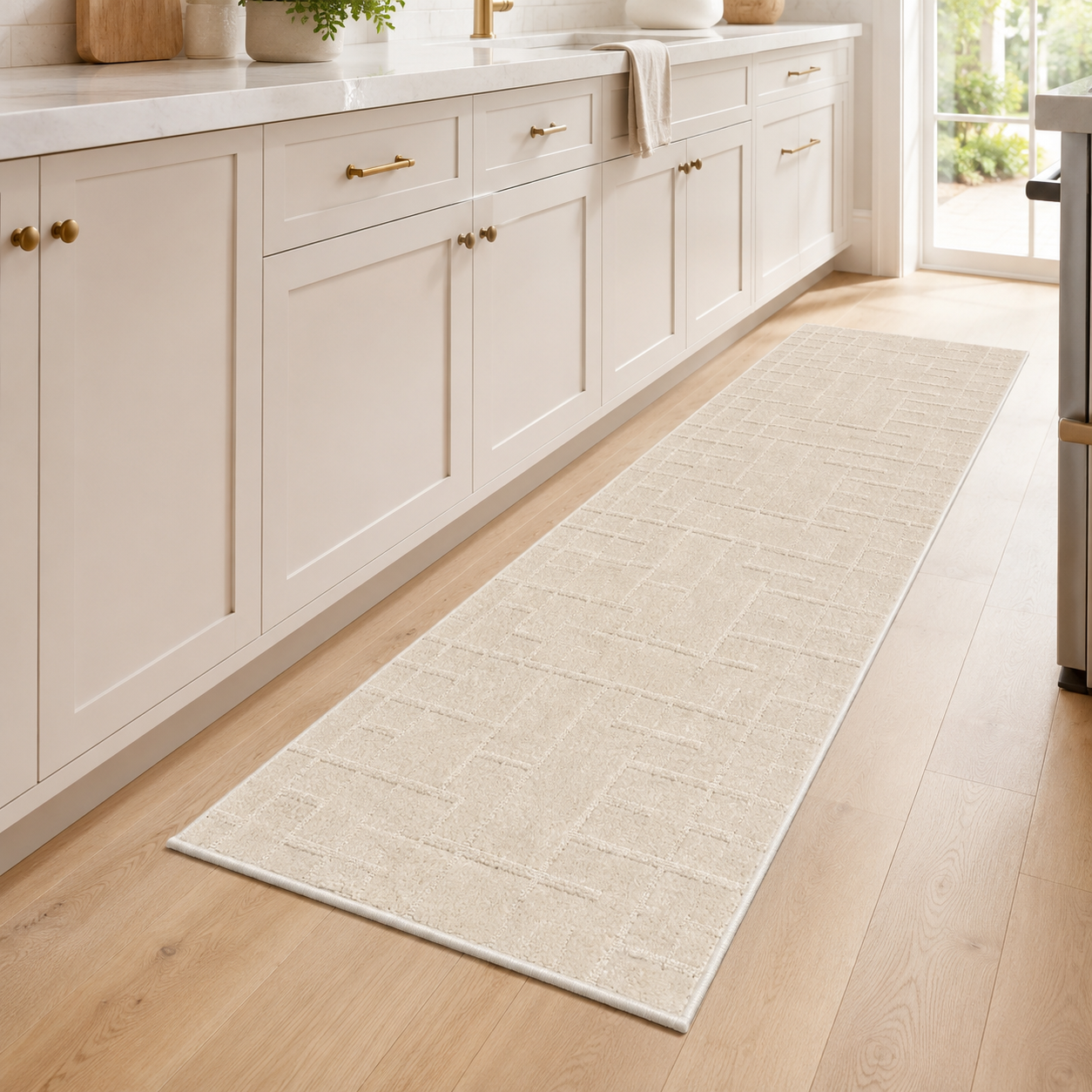 Serenity Soft Parquet Ivory runner rug styled in a kitchen