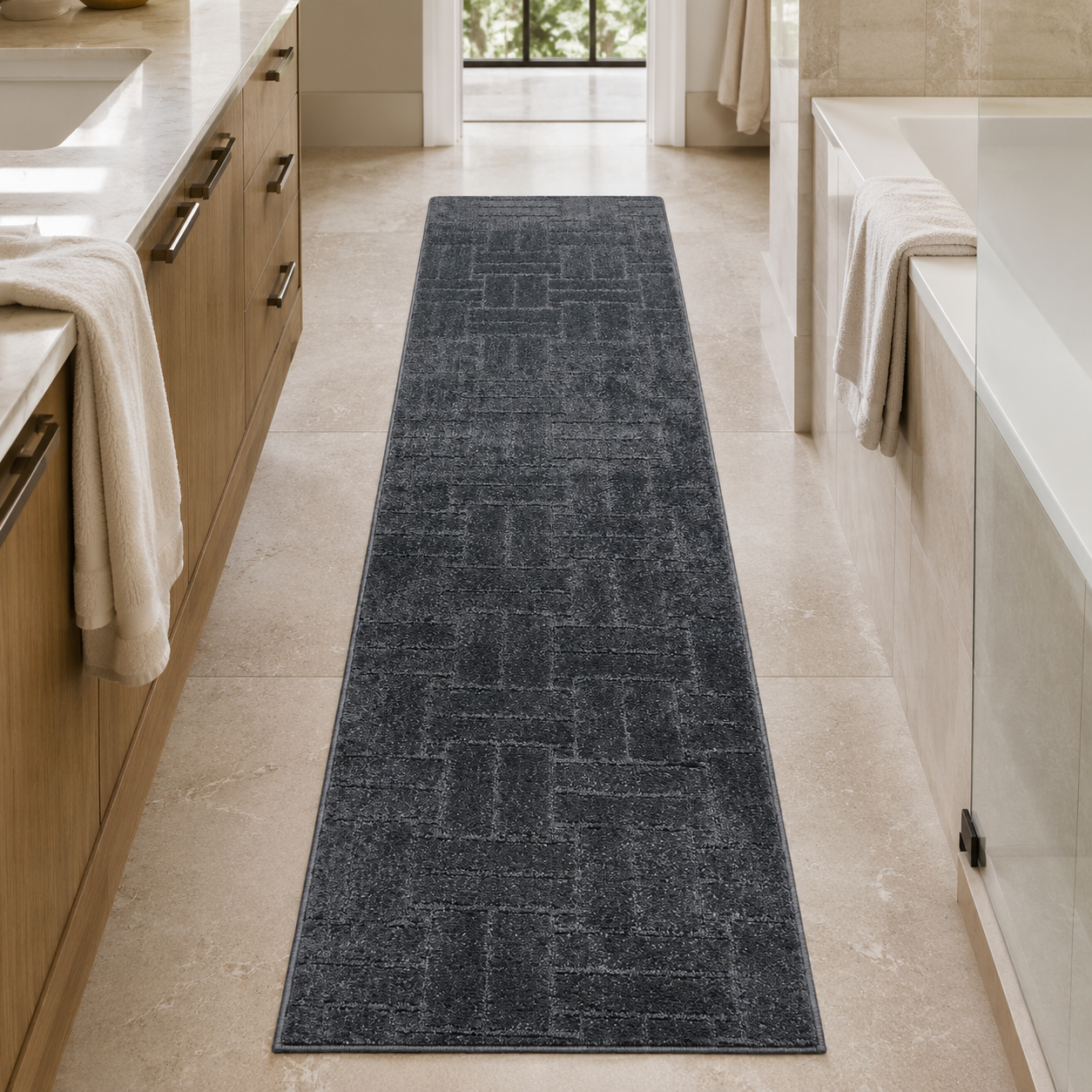 Serenity Soft Parquet Midnight runner rug styled beside a bathroom vanity