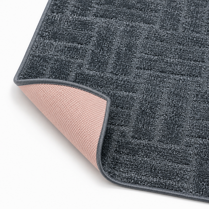 Serenity Soft Parquet Midnight runner rug flipped corner showing the rubber backing