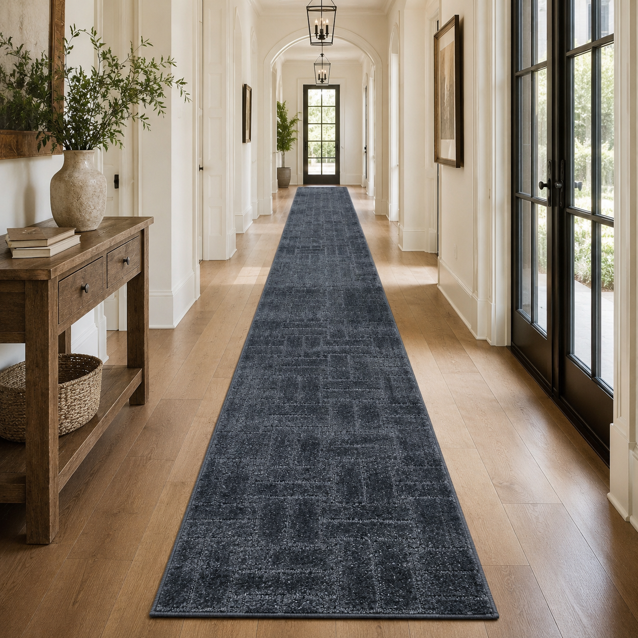 Serenity Soft Parquet Midnight runner rug styled in a hallway