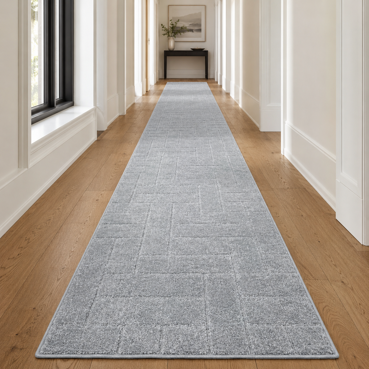 Serenity Soft Parquet Silver runner rug styled in a bright hallway