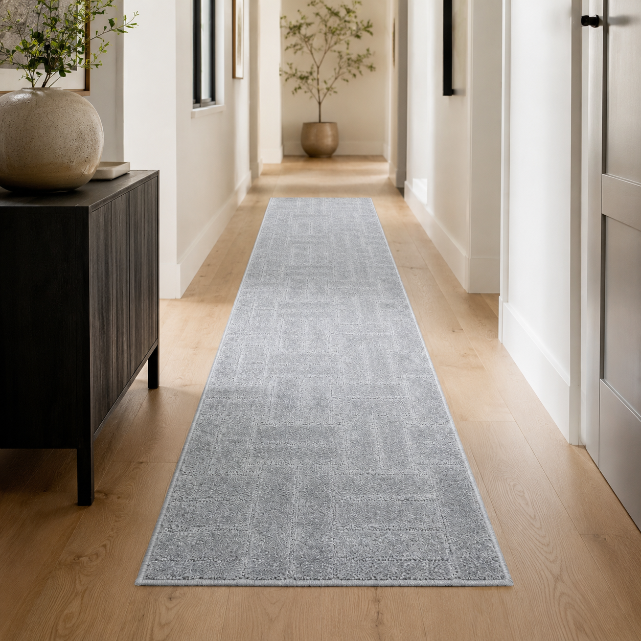 Serenity Soft Parquet Silver runner rug styled in a hallway