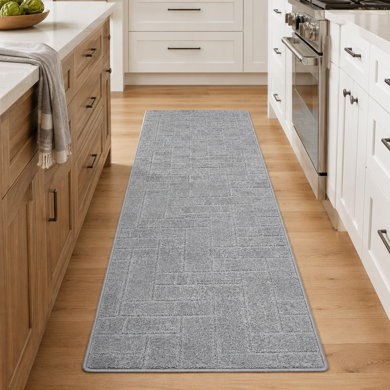 Serenity Soft Parquet Silver runner rug styled in a kitchen
