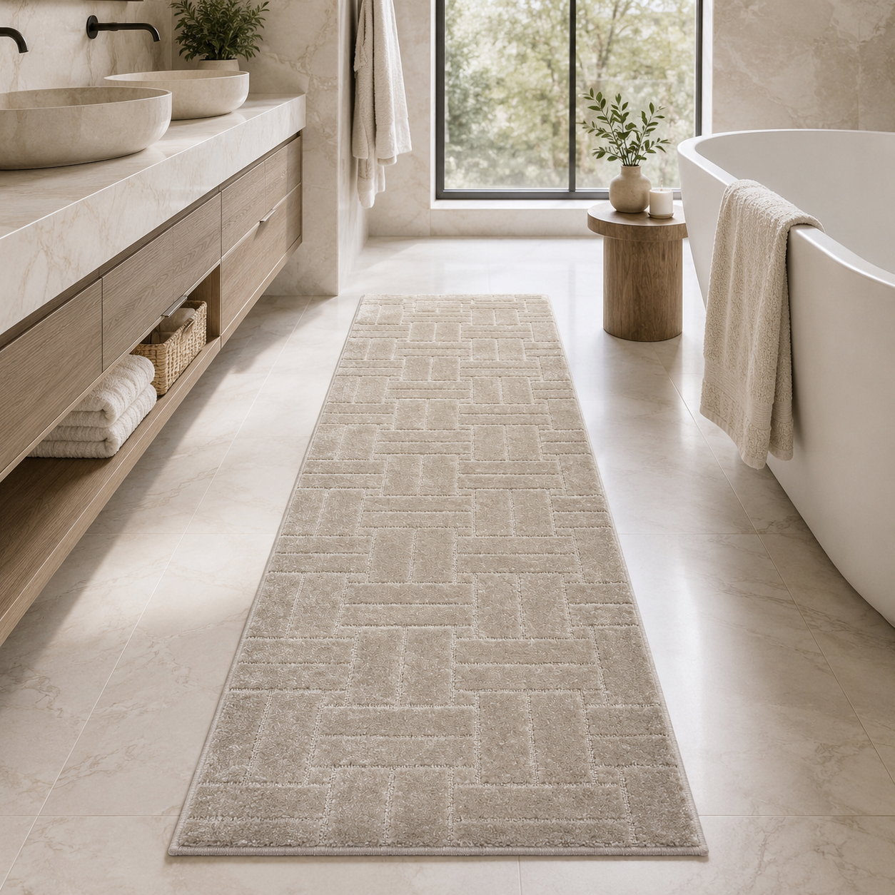 Serenity Soft Parquet Truffle rubber-backed runner rug in an everyday room setting