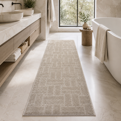 Serenity Soft Parquet Truffle rubber-backed runner rug in an everyday room setting