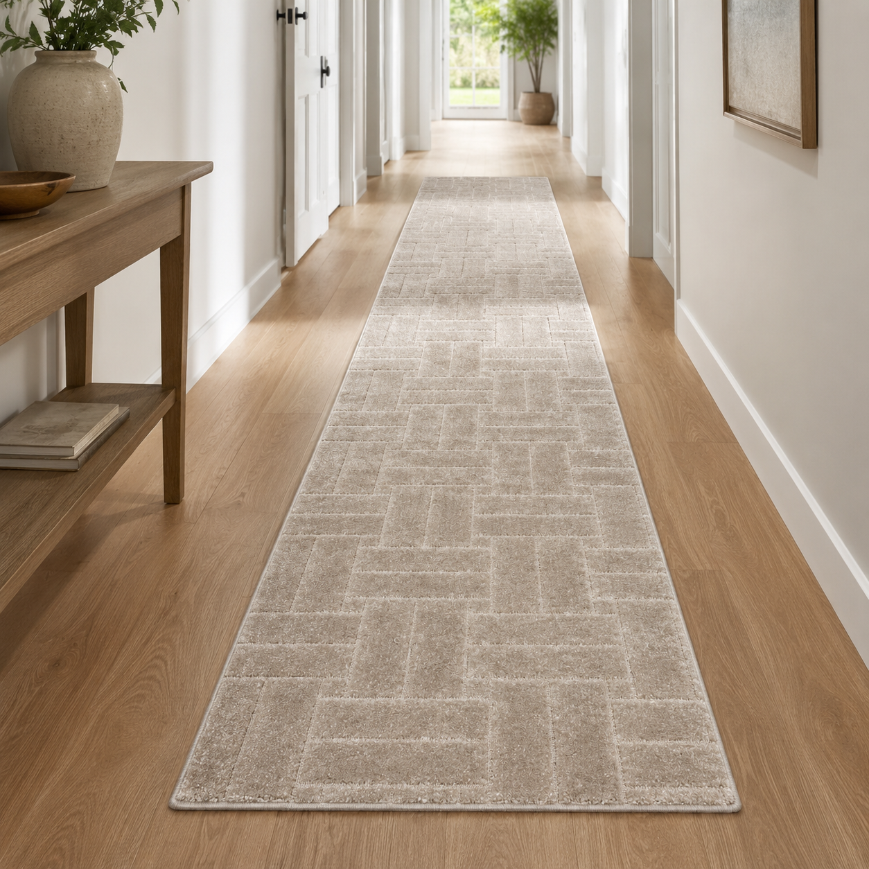 Serenity Soft Parquet Truffle runner rug styled in a hallway