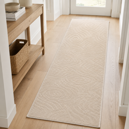 Serenity Soft Ripple Ivory runner rug styled in a hallway