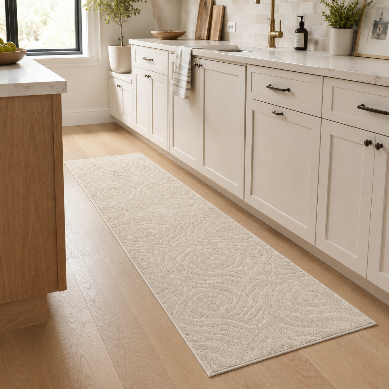 Serenity Soft Ripple Ivory runner rug styled in a kitchen