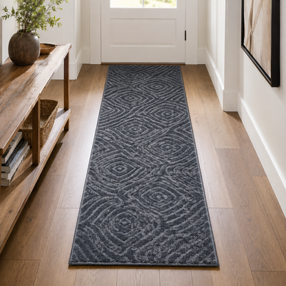 Serenity Soft Ripple Midnight runner rug styled in a hallway