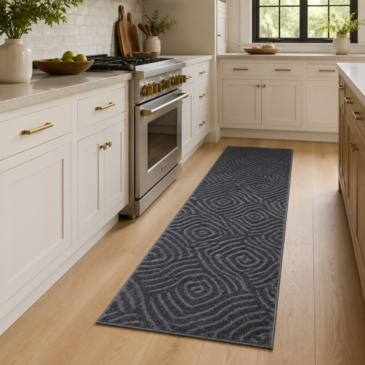 Serenity Soft Ripple Midnight runner rug styled in a kitchen