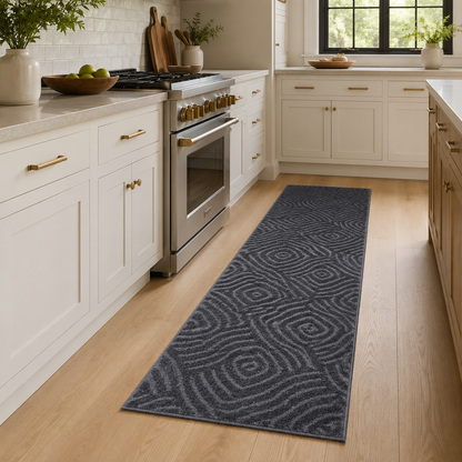 Serenity Soft Ripple Midnight runner rug styled in a kitchen