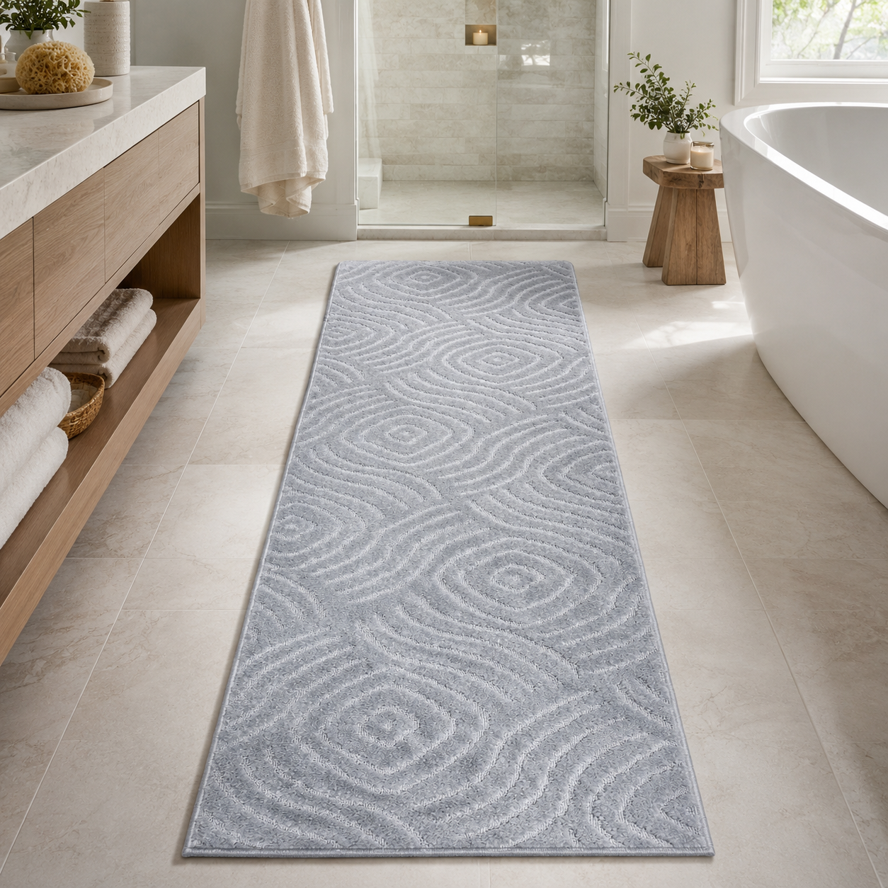 Serenity Soft Ripple Silver rubber-backed runner rug in an everyday room setting